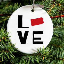 DistinctInk® Hanging Ceramic Christmas Tree Ornament with Gold String - Great Gift / Present - 2 3/4 inch Diameter - Pennsylvania - Love Red & Black