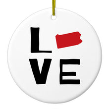 DistinctInk® Hanging Ceramic Christmas Tree Ornament with Gold String - Great Gift / Present - 2 3/4 inch Diameter - Pennsylvania - Love Red & Black