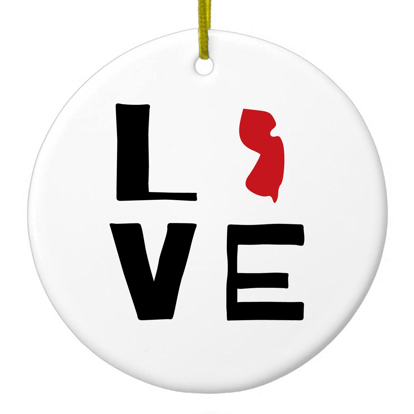 DistinctInk® Hanging Ceramic Christmas Tree Ornament with Gold String - Great Gift / Present - 2 3/4 inch Diameter - New Jersey - Love Red & Black