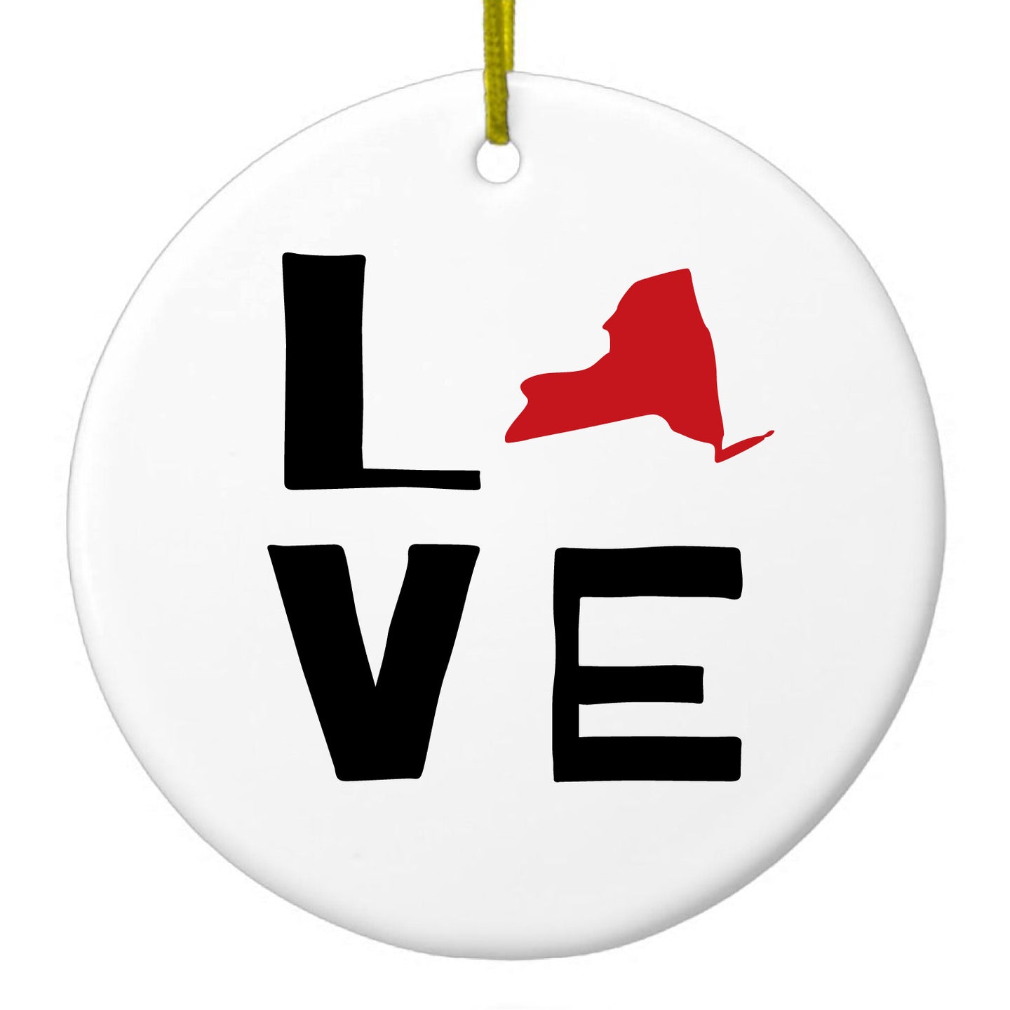 DistinctInk® Hanging Ceramic Christmas Tree Ornament with Gold String - Great Gift / Present - 2 3/4 inch Diameter - New York - Love Red & Black
