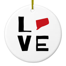 DistinctInk® Hanging Ceramic Christmas Tree Ornament with Gold String - Great Gift / Present - 2 3/4 inch Diameter - Connecticut - Love Red & Black