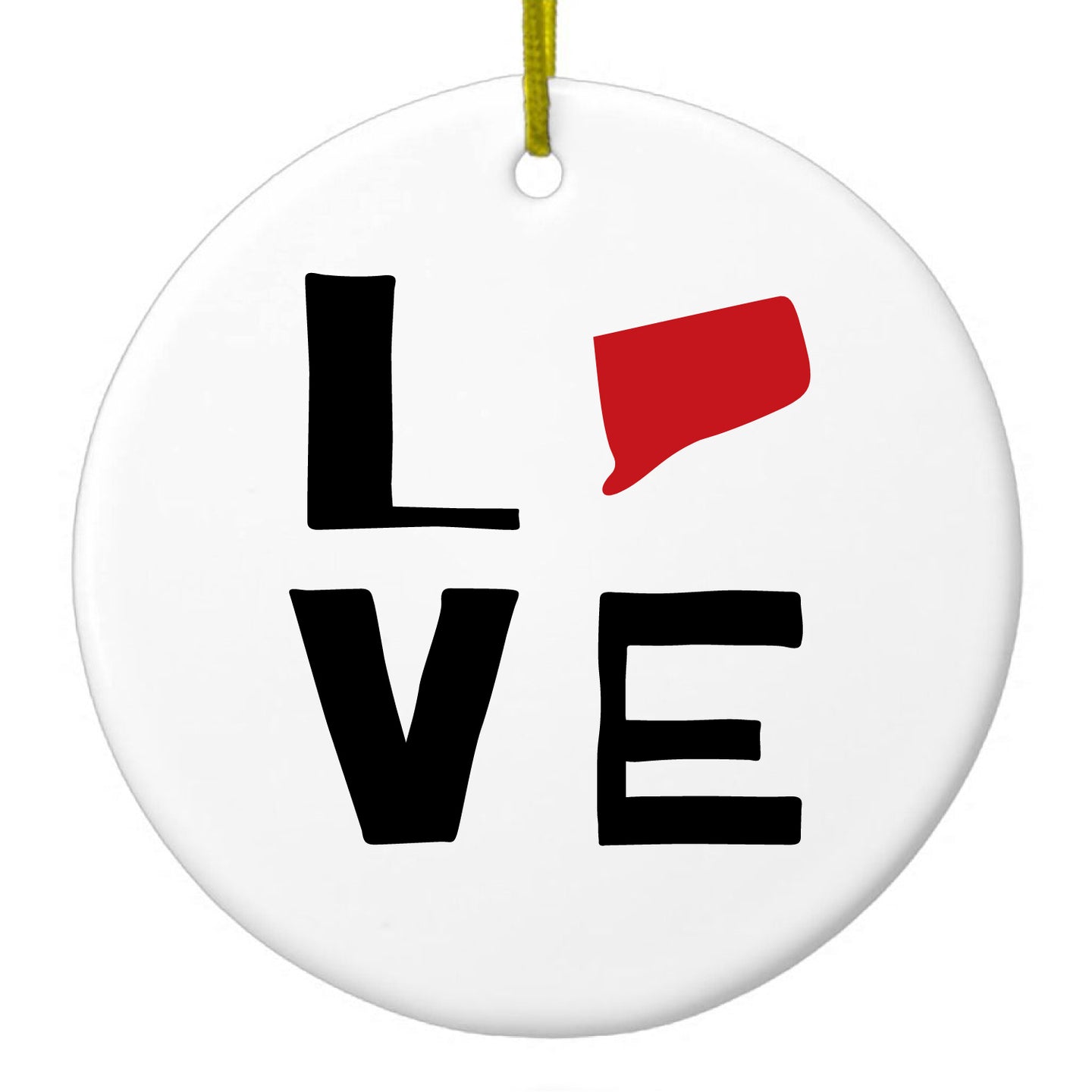 DistinctInk® Hanging Ceramic Christmas Tree Ornament with Gold String - Great Gift / Present - 2 3/4 inch Diameter - Connecticut - Love Red & Black