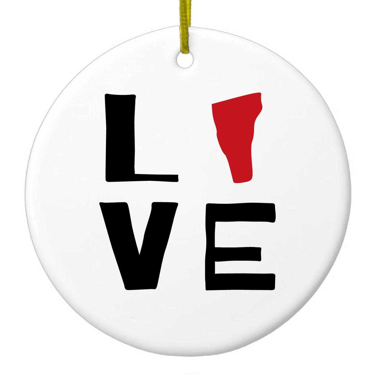 DistinctInk® Hanging Ceramic Christmas Tree Ornament with Gold String - Great Gift / Present - 2 3/4 inch Diameter - Vermont - Love Red & Black