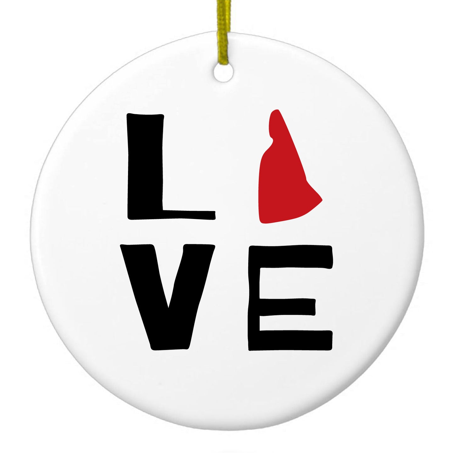 DistinctInk® Hanging Ceramic Christmas Tree Ornament with Gold String - Great Gift / Present - 2 3/4 inch Diameter - New Hampshire - Love Red & Black