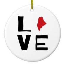DistinctInk® Hanging Ceramic Christmas Tree Ornament with Gold String - Great Gift / Present - 2 3/4 inch Diameter - Maine - Love Red & Black