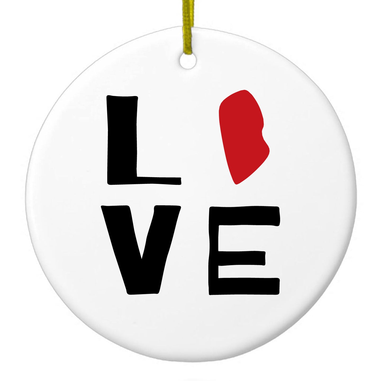 DistinctInk® Hanging Ceramic Christmas Tree Ornament with Gold String - Great Gift / Present - 2 3/4 inch Diameter - Rhode Island - Love Red & Black
