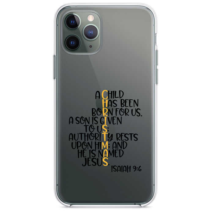 DistinctInk® Clear Shockproof Hybrid Case for Apple iPhone / Samsung Galaxy / Google Pixel - Christmas - Isaiah 9:6 - Black Yellow
