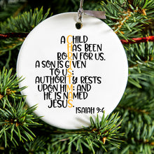 DistinctInk® Hanging Ceramic Christmas Tree Ornament with Gold String - Great Gift / Present - 2 3/4 inch Diameter - Christmas - Isaiah 9:6 - Black Yellow