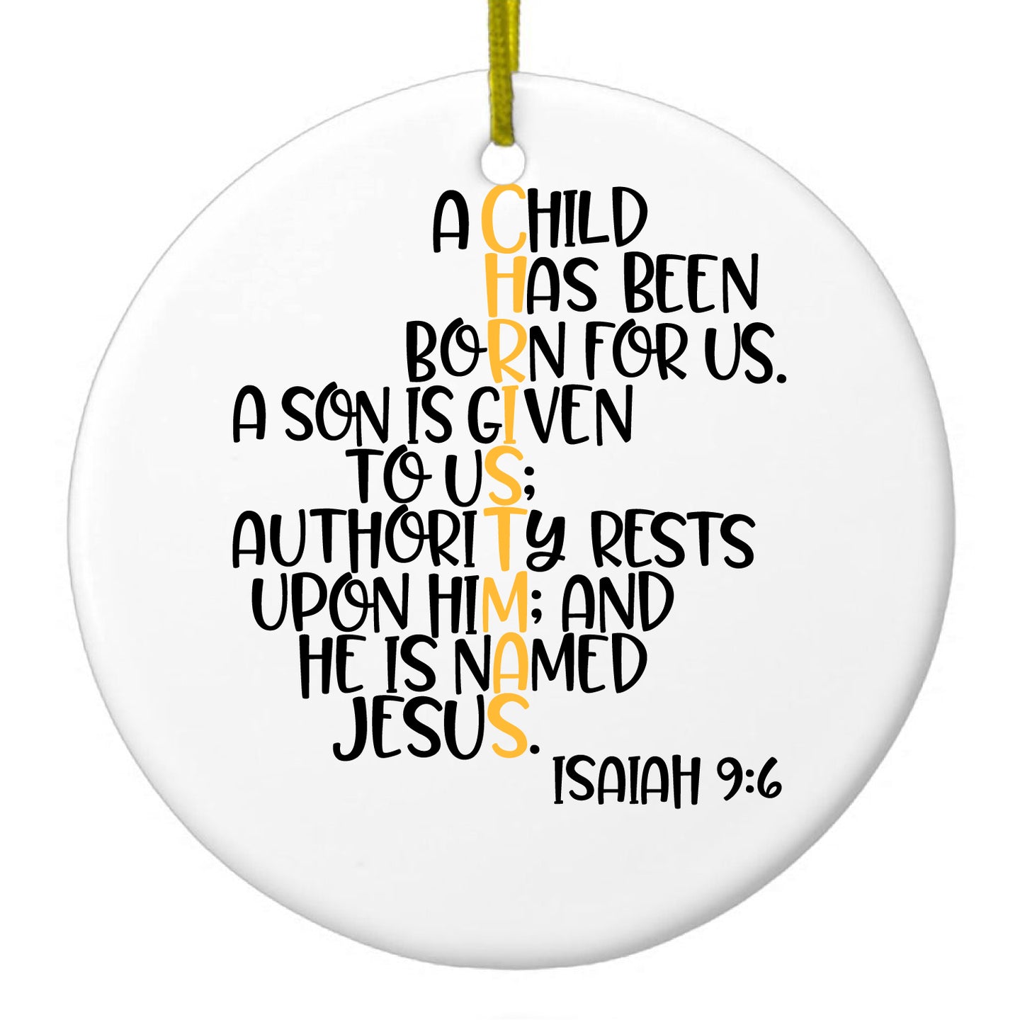 DistinctInk® Hanging Ceramic Christmas Tree Ornament with Gold String - Great Gift / Present - 2 3/4 inch Diameter - Christmas - Isaiah 9:6 - Black Yellow