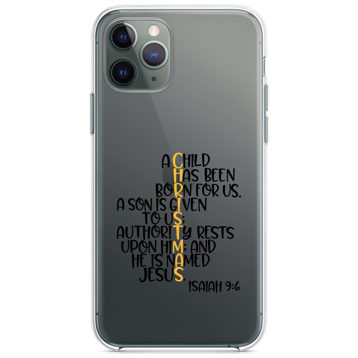 DistinctInk® Clear Shockproof Hybrid Case for Apple iPhone / Samsung Galaxy / Google Pixel - Christmas - Isaiah 9:6 - Black Yellow
