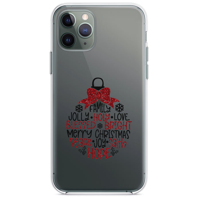 DistinctInk® Clear Shockproof Hybrid Case for Apple iPhone / Samsung Galaxy / Google Pixel - Christmas Words Ornament Red Glitter Look