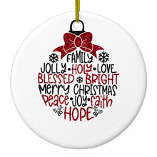 DistinctInk® Hanging Ceramic Christmas Tree Ornament with Gold String - Great Gift / Present - 2 3/4 inch Diameter - Christmas Words Ornament Red Glitter Look
