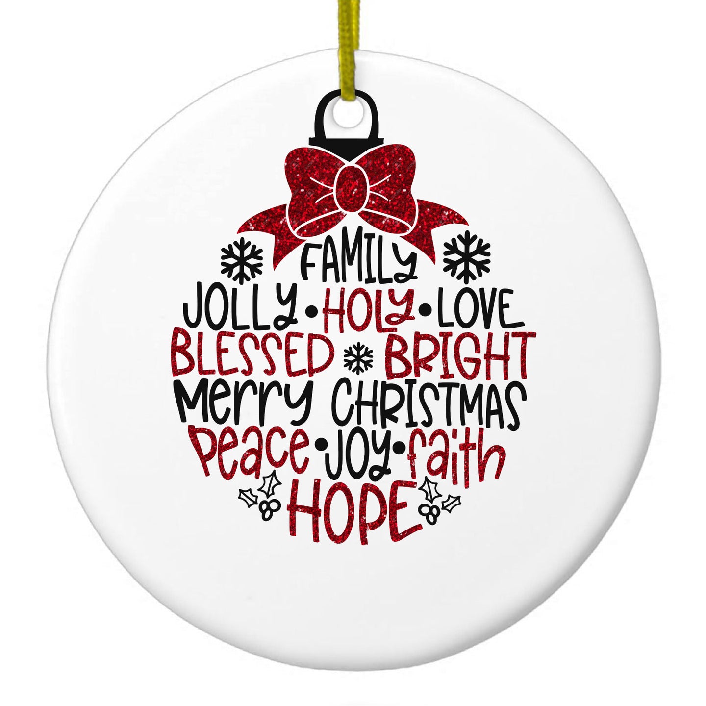 DistinctInk® Hanging Ceramic Christmas Tree Ornament with Gold String - Great Gift / Present - 2 3/4 inch Diameter - Christmas Words Ornament Red Glitter Look