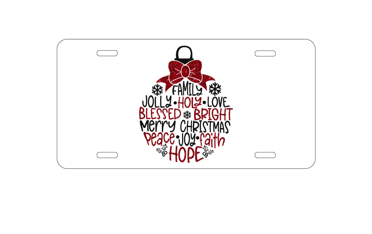 Custom Aluminum Decorative Vanity Front License Plate - Christmas Words Ornament Red Glitter Look