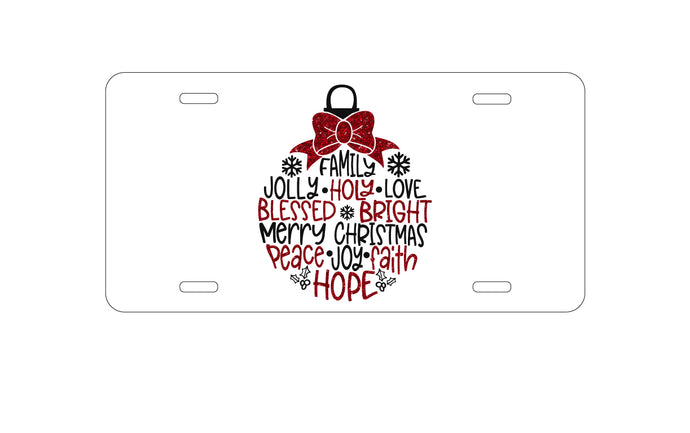 DistinctInk Custom Aluminum Decorative Vanity Front License Plate - Christmas Words Ornament Red Glitter Look