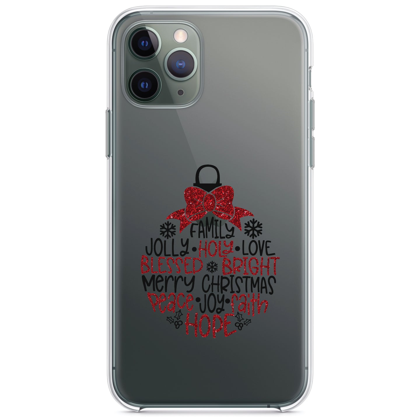 DistinctInk® Clear Shockproof Hybrid Case for Apple iPhone / Samsung Galaxy / Google Pixel - Christmas Words Ornament Red Glitter Look