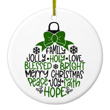 DistinctInk® Hanging Ceramic Christmas Tree Ornament with Gold String - Great Gift / Present - 2 3/4 inch Diameter - Christmas Words Ornament Black Green