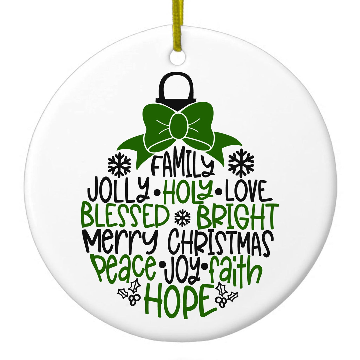 DistinctInk® Hanging Ceramic Christmas Tree Ornament with Gold String - Great Gift / Present - 2 3/4 inch Diameter - Christmas Words Ornament Black Green