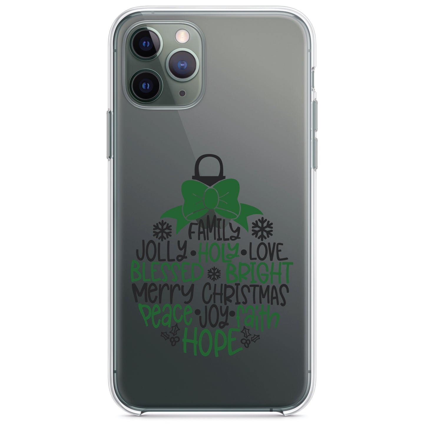 DistinctInk® Clear Shockproof Hybrid Case for Apple iPhone / Samsung Galaxy / Google Pixel - Christmas Words Ornament Black Green
