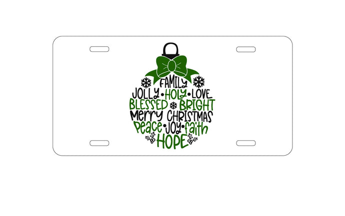DistinctInk Custom Aluminum Decorative Vanity Front License Plate - Christmas Words Ornament Black Green