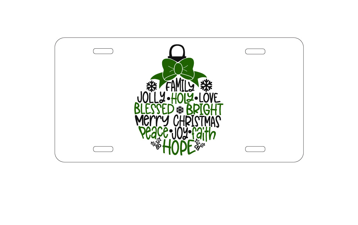 DistinctInk Custom Aluminum Decorative Vanity Front License Plate - Christmas Words Ornament Black Green