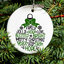 DistinctInk® Hanging Ceramic Christmas Tree Ornament with Gold String - Great Gift / Present - 2 3/4 inch Diameter - Christmas Words Ornament Black Green