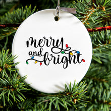 DistinctInk® Hanging Ceramic Christmas Tree Ornament with Gold String - Great Gift / Present - 2 3/4 inch Diameter - Merry and Bright - Christmas Lights