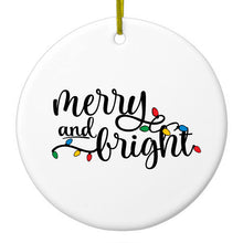 DistinctInk® Hanging Ceramic Christmas Tree Ornament with Gold String - Great Gift / Present - 2 3/4 inch Diameter - Merry and Bright - Christmas Lights