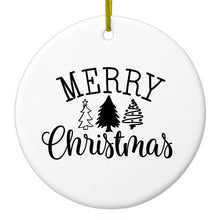DistinctInk® Hanging Ceramic Christmas Tree Ornament with Gold String - Great Gift / Present - 2 3/4 inch Diameter - Merry Christmas Doodle Trees