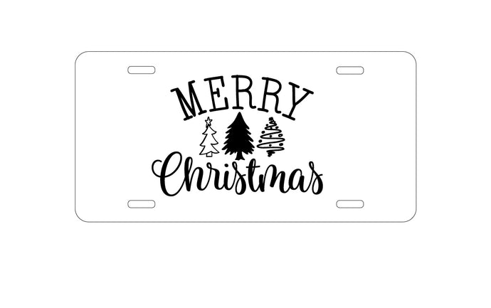 DistinctInk Custom Aluminum Decorative Vanity Front License Plate - Merry Christmas Doodle Trees