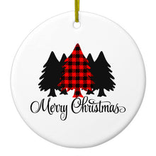 DistinctInk® Hanging Ceramic Christmas Tree Ornament with Gold String - Great Gift / Present - 2 3/4 inch Diameter - Merry Christmas Plaid Tree