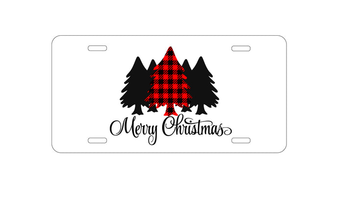 DistinctInk Custom Aluminum Decorative Vanity Front License Plate - Merry Christmas Plaid Tree