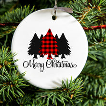 DistinctInk® Hanging Ceramic Christmas Tree Ornament with Gold String - Great Gift / Present - 2 3/4 inch Diameter - Merry Christmas Plaid Tree