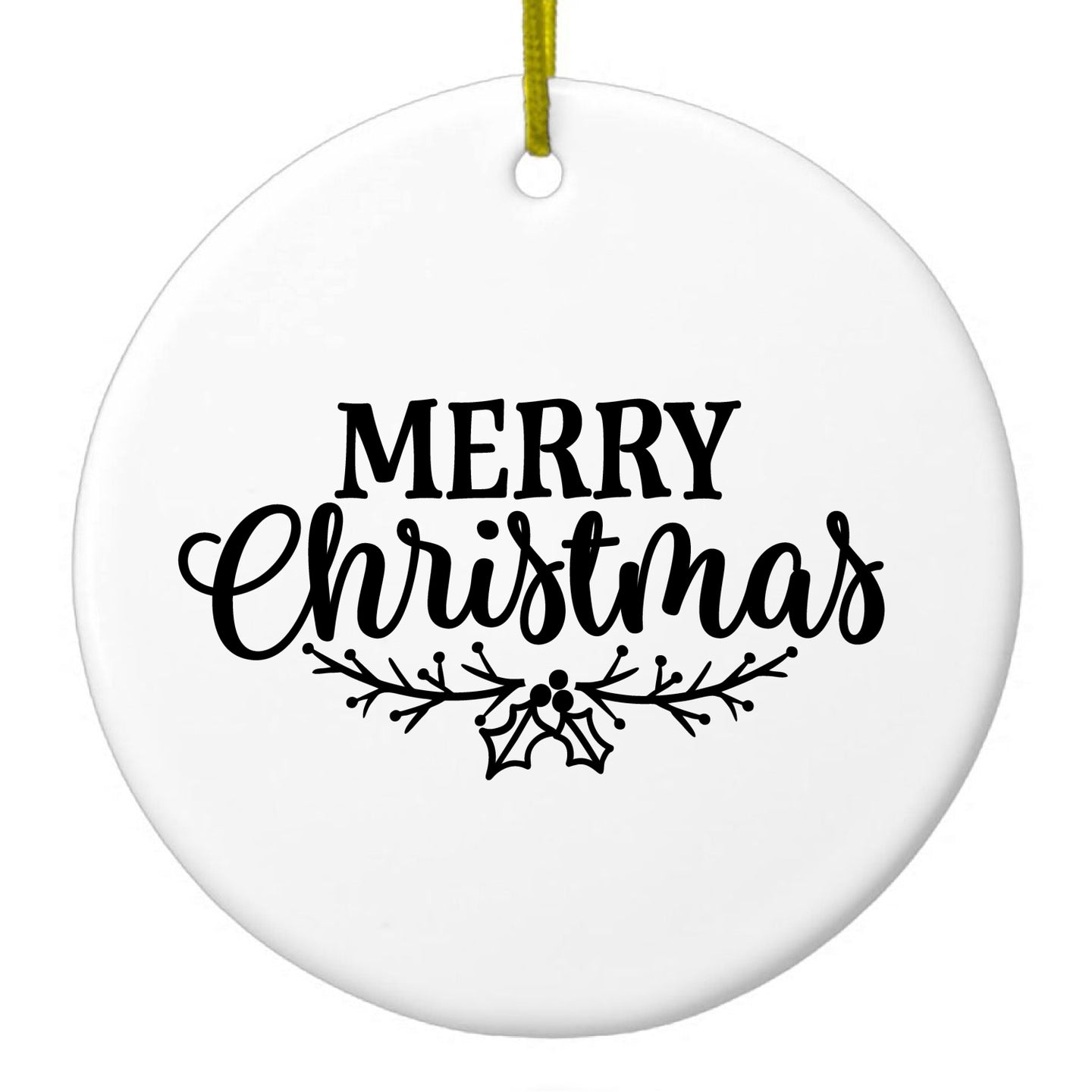 DistinctInk® Hanging Ceramic Christmas Tree Ornament with Gold String - Great Gift / Present - 2 3/4 inch Diameter - Merry Christmas Mistletoe - Black
