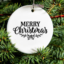 DistinctInk® Hanging Ceramic Christmas Tree Ornament with Gold String - Great Gift / Present - 2 3/4 inch Diameter - Merry Christmas Mistletoe - Black