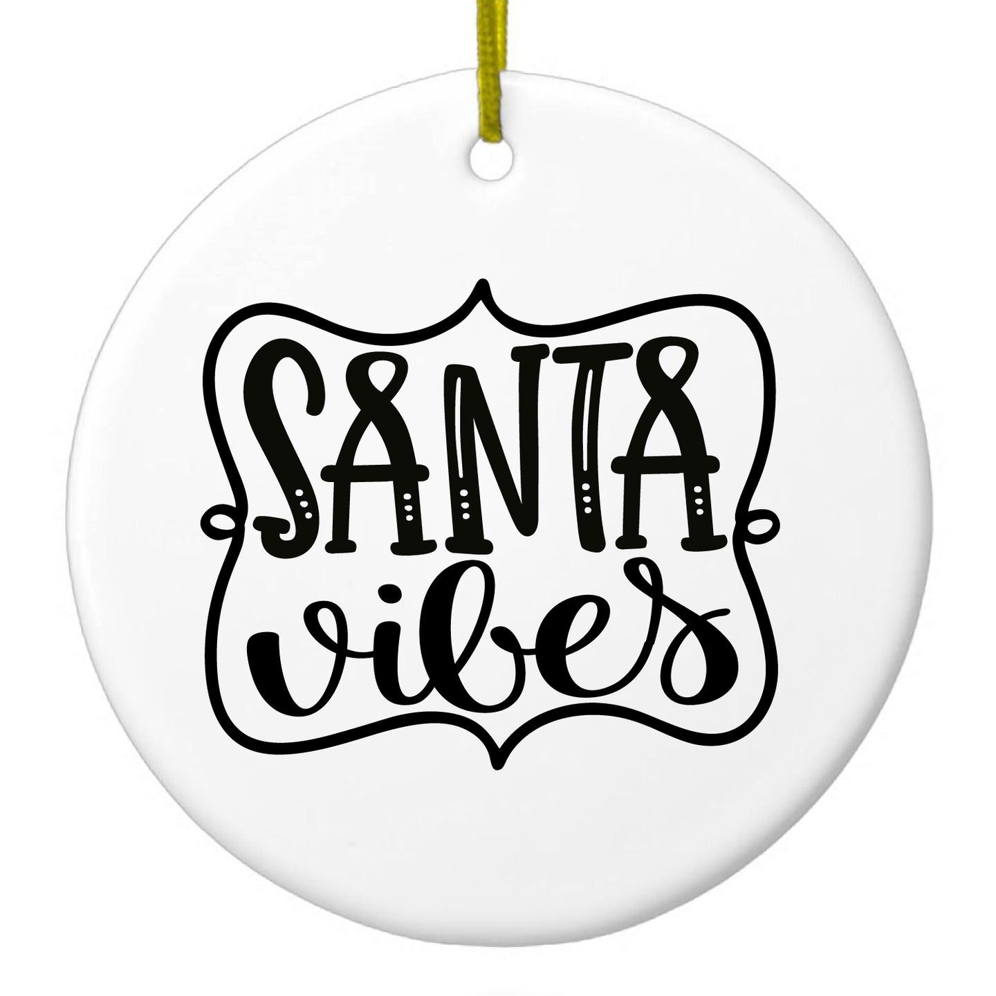 DistinctInk® Hanging Ceramic Christmas Tree Ornament with Gold String - Great Gift / Present - 2 3/4 inch Diameter - Santa Vibes - Christmas