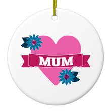 DistinctInk® Hanging Ceramic Christmas Tree Ornament with Gold String - Great Gift / Present - 2 3/4 inch Diameter - Love Mum - Flower Heart Banner