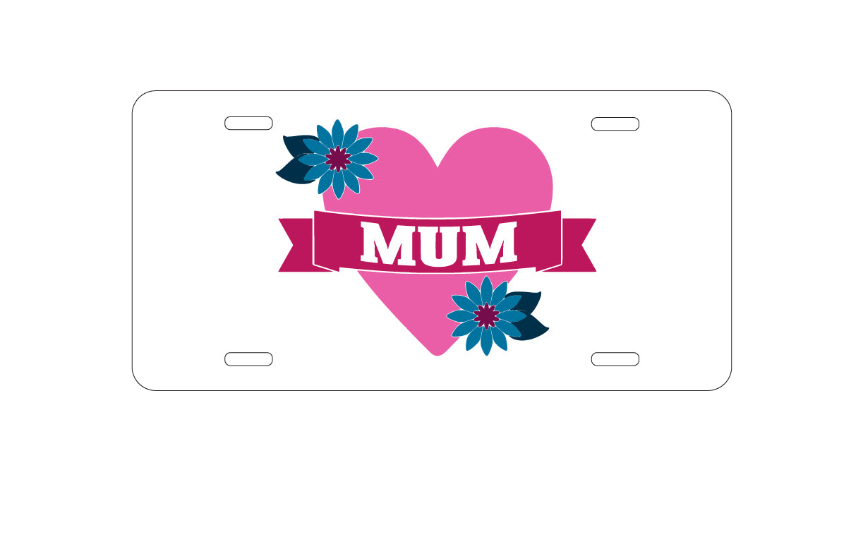 DistinctInk Custom Aluminum Decorative Vanity Front License Plate - Love Mum - Flower Heart Banner