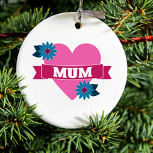 DistinctInk® Hanging Ceramic Christmas Tree Ornament with Gold String - Great Gift / Present - 2 3/4 inch Diameter - Love Mum - Flower Heart Banner