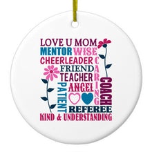DistinctInk® Hanging Ceramic Christmas Tree Ornament with Gold String - Great Gift / Present - 2 3/4 inch Diameter - Love U Mom Word Art Mother's Day
