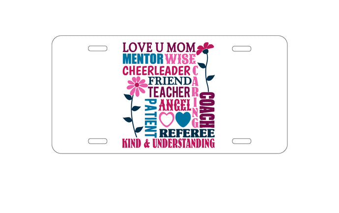 DistinctInk Custom Aluminum Decorative Vanity Front License Plate - Love U Mom Word Art Mother's Day