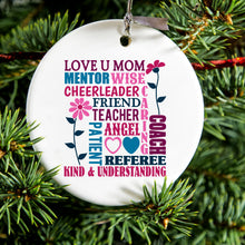 DistinctInk® Hanging Ceramic Christmas Tree Ornament with Gold String - Great Gift / Present - 2 3/4 inch Diameter - Love U Mom Word Art Mother's Day