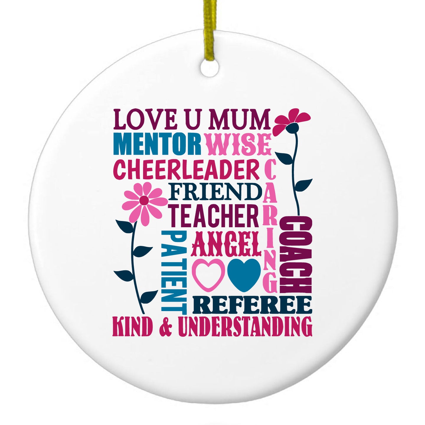 DistinctInk® Hanging Ceramic Christmas Tree Ornament with Gold String - Great Gift / Present - 2 3/4 inch Diameter - Love U Mum Word Art Mother's Day