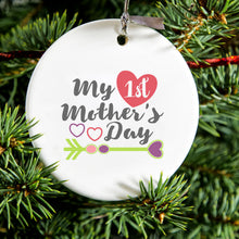 DistinctInk® Hanging Ceramic Christmas Tree Ornament with Gold String - Great Gift / Present - 2 3/4 inch Diameter - My First Mother's Day Hearts
