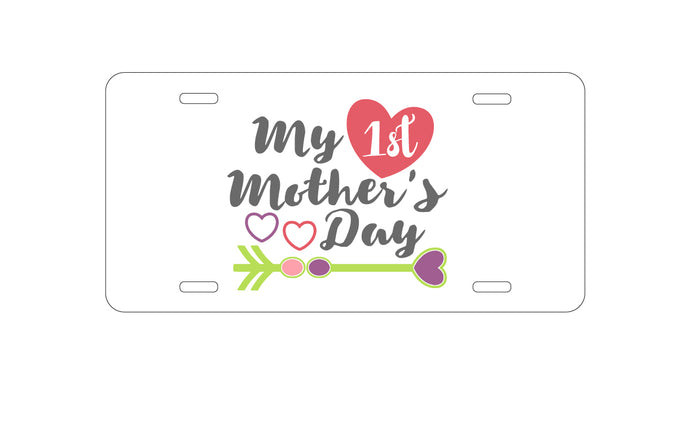 DistinctInk Custom Aluminum Decorative Vanity Front License Plate - My First Mother's Day Hearts