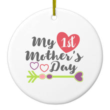 DistinctInk® Hanging Ceramic Christmas Tree Ornament with Gold String - Great Gift / Present - 2 3/4 inch Diameter - My First Mother's Day Hearts