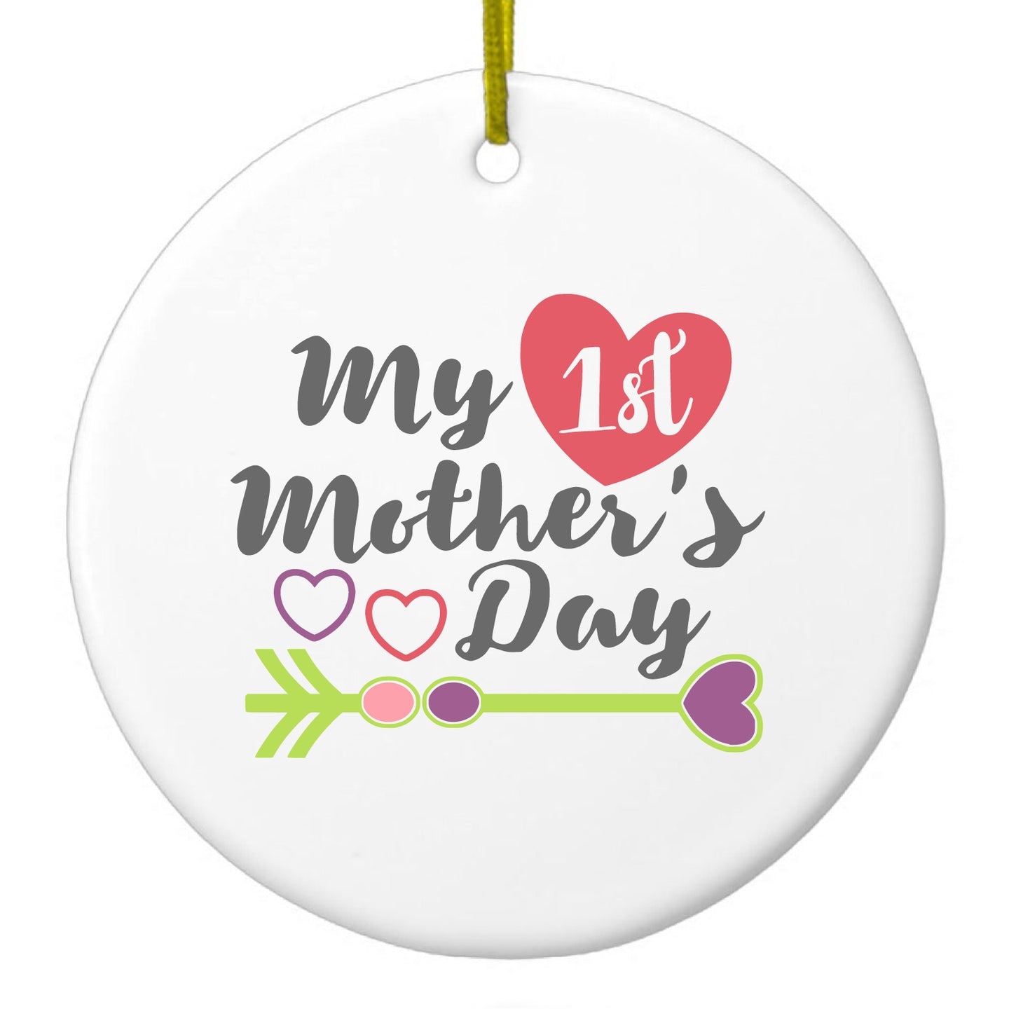 DistinctInk® Hanging Ceramic Christmas Tree Ornament with Gold String - Great Gift / Present - 2 3/4 inch Diameter - My First Mother's Day Hearts