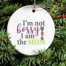 DistinctInk® Hanging Ceramic Christmas Tree Ornament with Gold String - Great Gift / Present - 2 3/4 inch Diameter - I'm Not Bossy I Am The Mom
