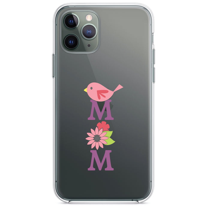 DistinctInk® Clear Shockproof Hybrid Case for Apple iPhone / Samsung Galaxy / Google Pixel - Mom - Pink Bird & Flowers