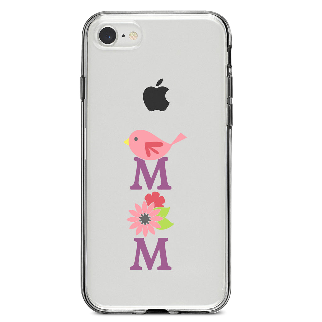 Mom, Pink Bird & Flowers Clear Shockproof iPhone Case, view 5